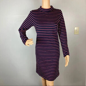 J. Jill Women's Small Mock Turtleneck Dress Navy/Coral Striped, Pockets, Soft!
